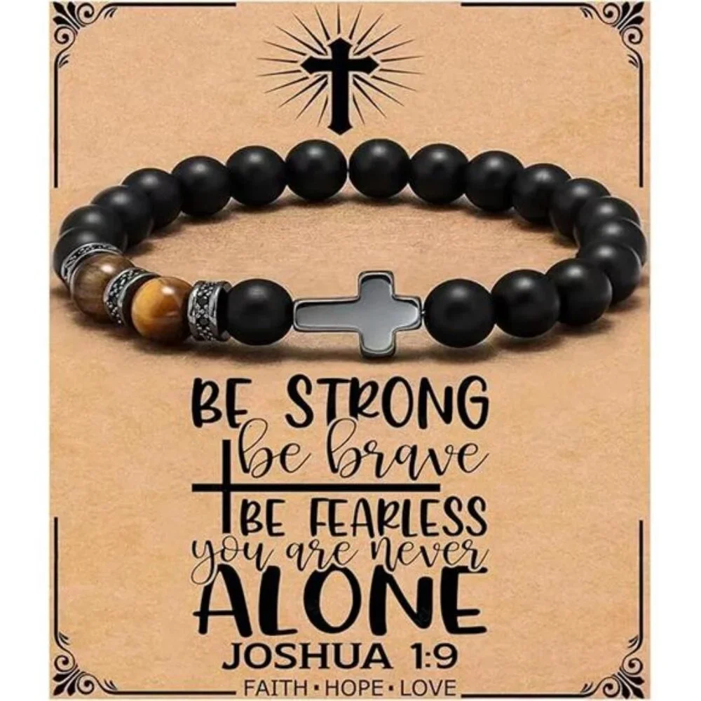 Mens Cross Bracelet Black Tiger Eye Beads Adjustable Christian Religious Gift